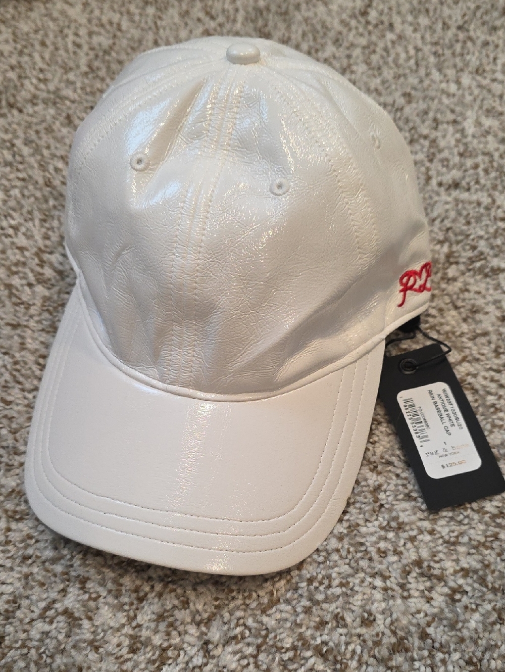 Rag & Bone White Shiny Baseball Cap with Red Script Accent